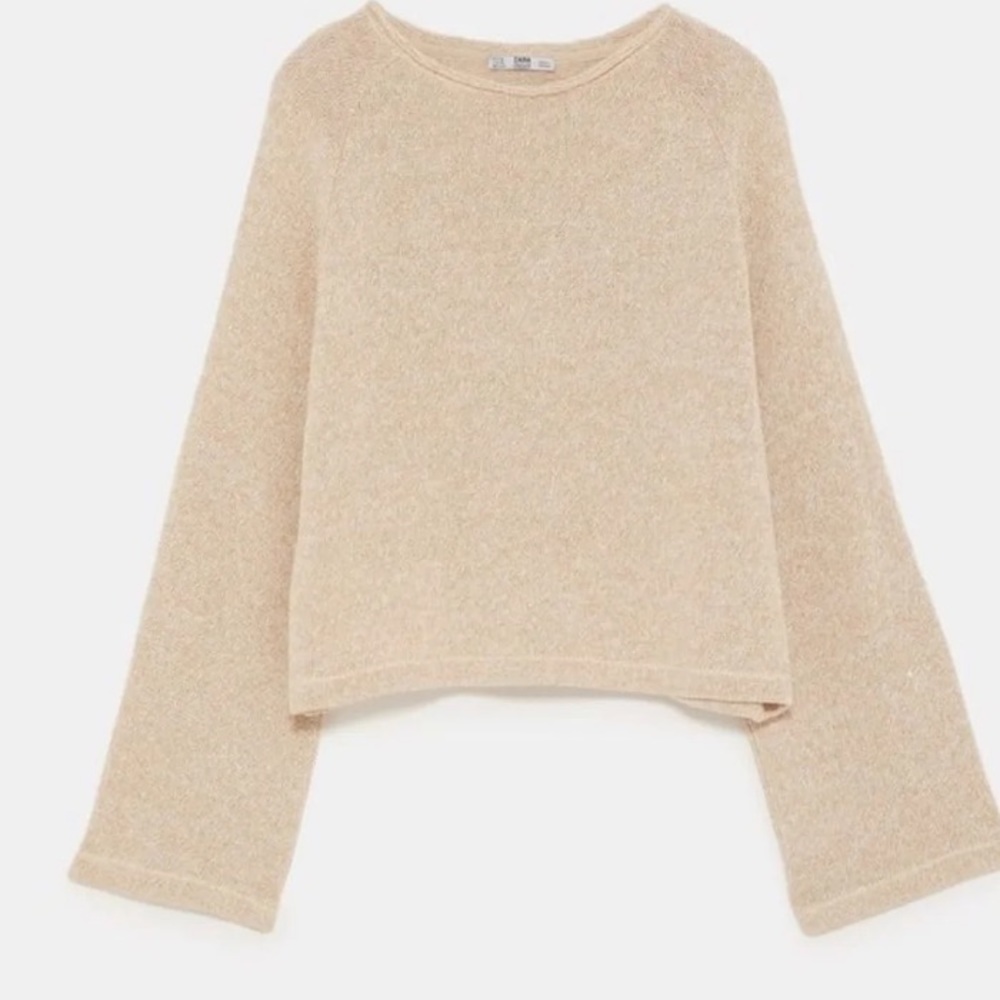 Zara Crop Cream Knit Wide Arm Crew Neck Sweater Medium